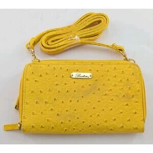 Buxton Crossbody Wallet Handbag Wristlet Yellow Faux Ostrich Leather Clutch